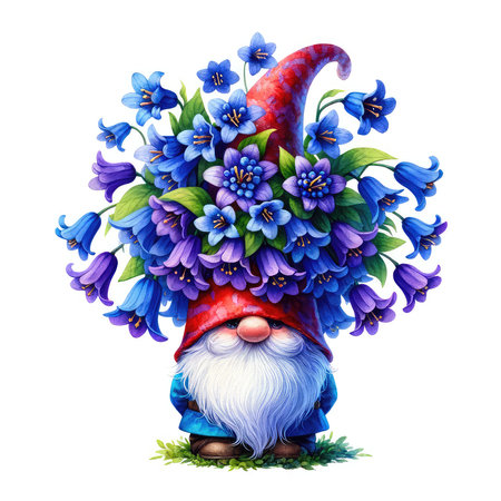 Garden gnome with a bouquet of flowers, isolated on white background.の素材