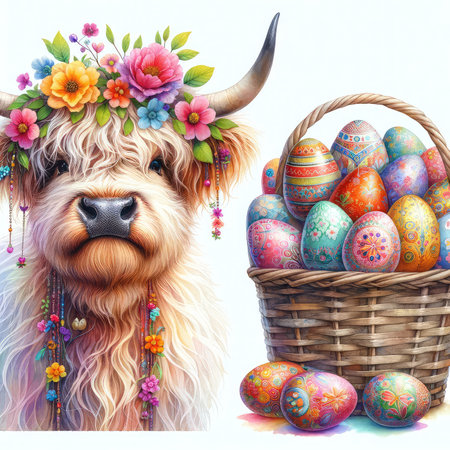 Happy easter. Cute bull and basket with painted eggs.の素材