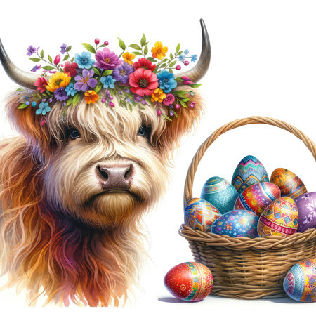 Cute bull in wicker basket with easter eggs and flowers.の素材