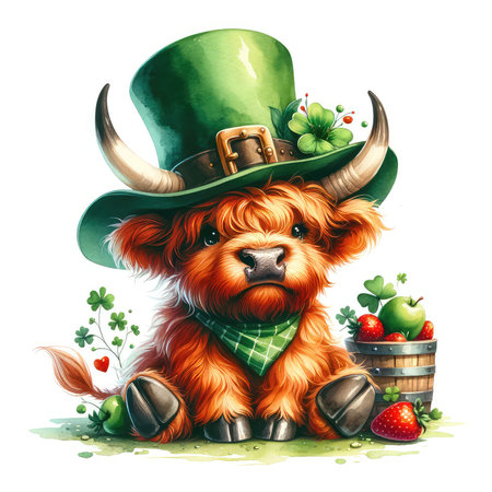 Leprechaun dog in green leprechaun hat, horseshoe, horseshoe, apple and red berry. St. Patrick's day illustration.の素材