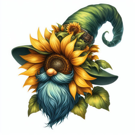 Cartoon image of a gnome in a hat with a sunflowerの素材