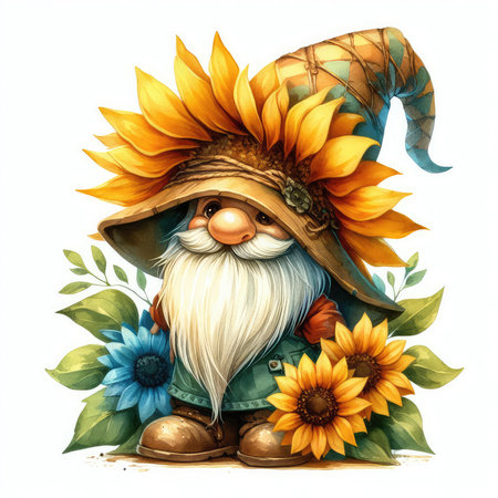 Garden gnome with sunflowers. Watercolor illustration.の素材