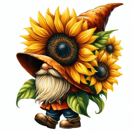 Funny gnome with sunflowers on a white background.の素材