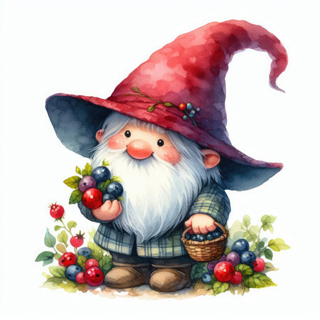 Watercolor illustration of a gnome with a basket of berries.の素材