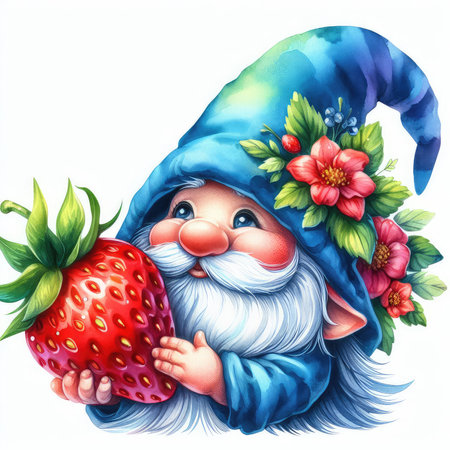 Funny gnome with strawberry. Christmas and New Year illustration.の素材