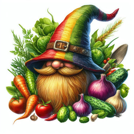 Garden gnome with vegetables. Vector illustration for your design.の素材