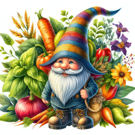 Funny garden gnome with vegetables. Vector illustration for your designの素材