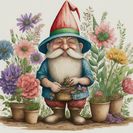 Garden gnome with flowers and plants. Hand drawn illustration.の素材