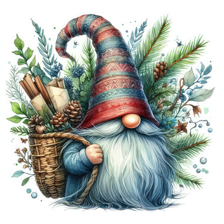 Christmas gnome with a basket of gifts. Watercolor illustration.の素材