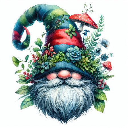 Hand drawn gnome with mushrooms and floral wreath isolated on white background.の素材