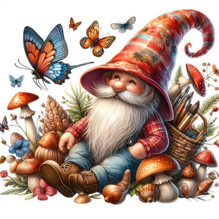 Fairy tale gnome with mushrooms and butterflies on a white backgroundの素材
