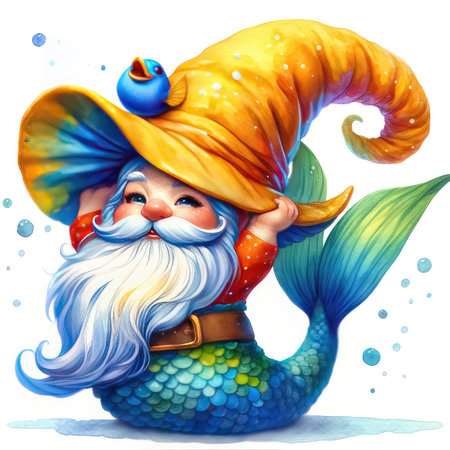 Cartoon image of funny mermaid with blue hair and white beard.の素材