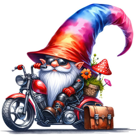 Cute cartoon gnome on a motorcycle with hat and sunglasses.の素材