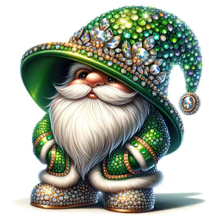 Santa Claus with a green hat and jewels on a white background.の素材