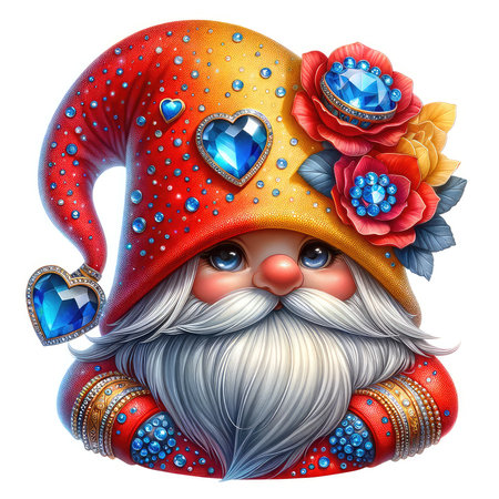 Cute cartoon gnome with a red beard and a wreath of flowers.の素材
