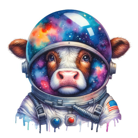 Cute cow in space helmet. Watercolor illustration of a cow in space.の素材