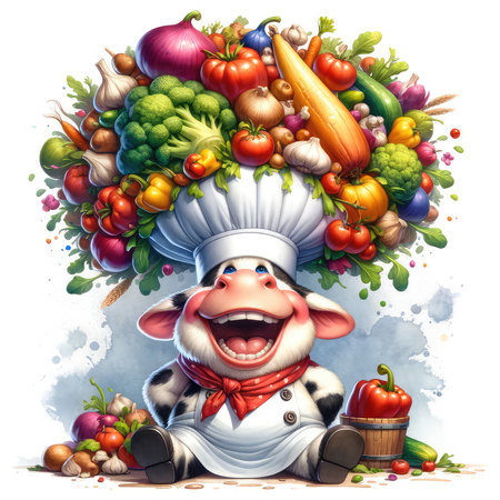 Chef cow with fresh vegetables and fruits. Healthy food concept.の素材