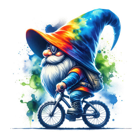 Funny gnome rides a bike with colorful splashes on a white backgroundの素材