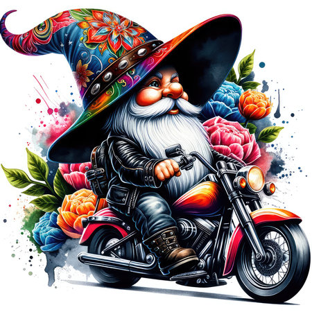 Sketch of a gnome on a motorcycle with flowers.の素材