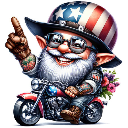 Cartoon illustration of an American motorcyclist wearing a hat and glasses.の素材