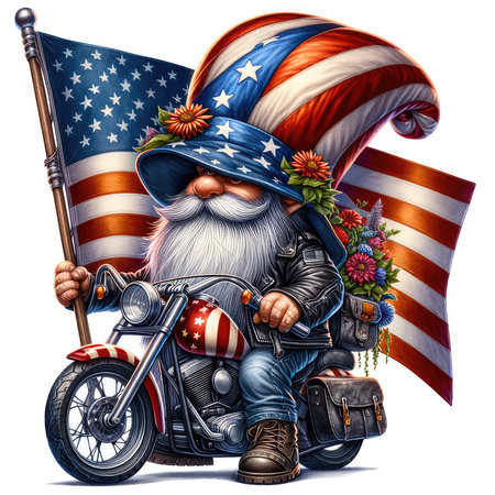 American patriot gnome on a motorcycle with the american flag.の素材