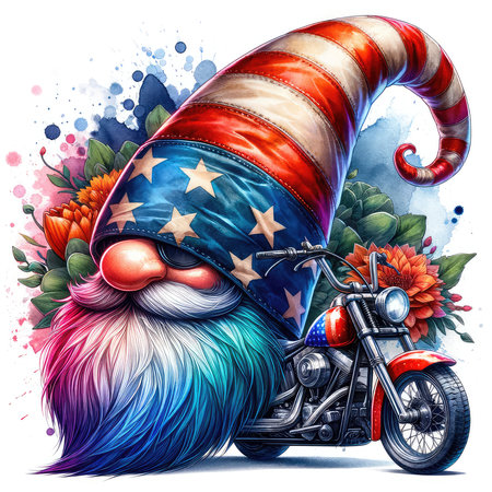 Hand drawn vector illustration of a Santa Claus with a big beard and mustache on a motorcycle.の素材