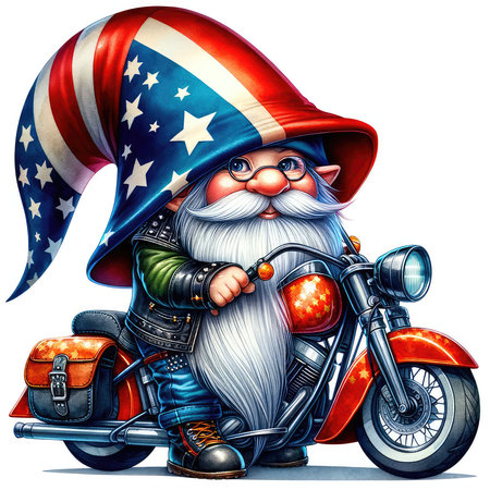 Santa Claus with a big beard on a motorcycle in the American flagの素材