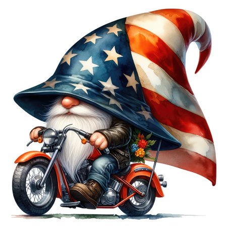Cartoon image of a gnome riding a motorcycle with the American flag.の素材