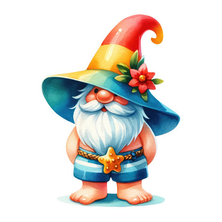 Watercolor gnome in a hat with a star and a flower.の素材