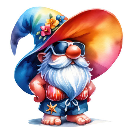 Funny cartoon gnome with hat and sunglasses. Watercolor illustrationの素材