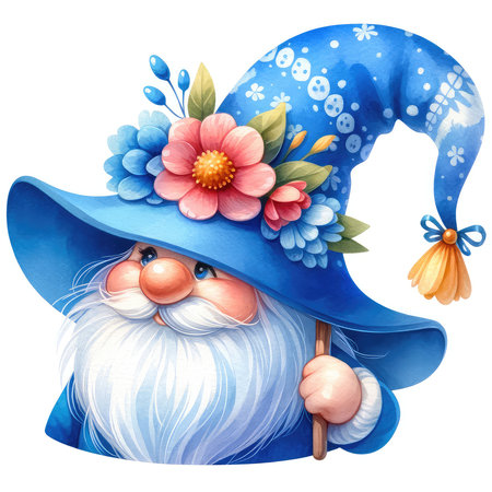 Illustration of a wizard with a magic wand and flowers on a white backgroundの素材