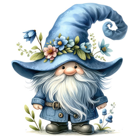 Watercolor illustration of a wizard in a blue hat with a wreath of flowers on his head.の素材