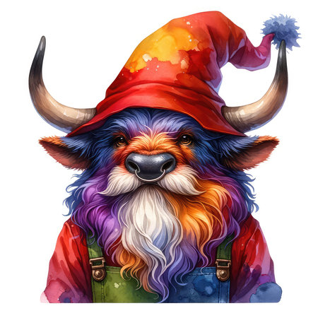 Cartoon illustration of a horned dog in a red hat.の素材