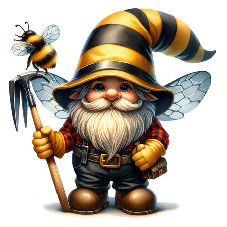 Illustration of a cute cartoon fairytale gnome with a long beard, mustache, hat and moustache holding a scythe and a bee on a white backgroundの素材