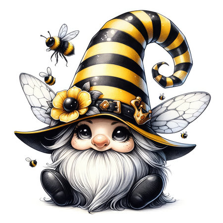 Cute cartoon wizard with a magic wand and bees. Vector illustration.の素材