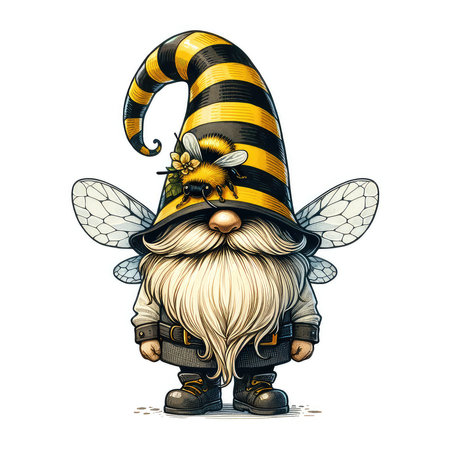 Funny cartoon gnome in a hat with a bee. Vector illustration.の素材