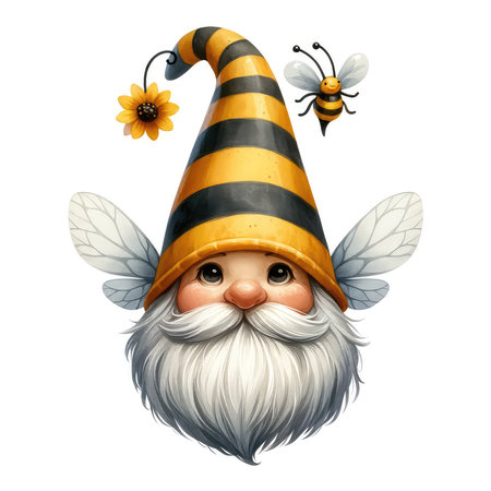 Illustration of a cute gnome with bees on a white backgroundの素材