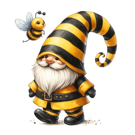 cartoon image of santa claus with bee on white backgroundの素材