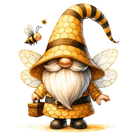 Illustration of a wizard with a magic wand and a bee on a white backgroundの素材