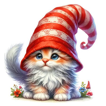 Cute little kitten in a cap of Santa Claus. Christmas illustration.の素材
