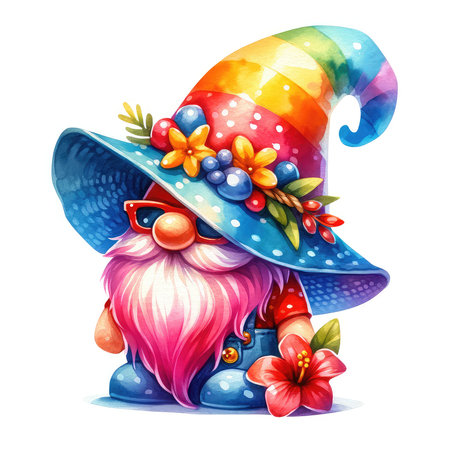 Funny gnome with a hat and flowers. Vector illustration.の素材