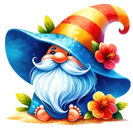 Cartoon illustration of a funny gnome in a hat with flowersの素材