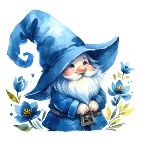 Garden gnome in blue hat with flowers. Watercolor illustrationの素材