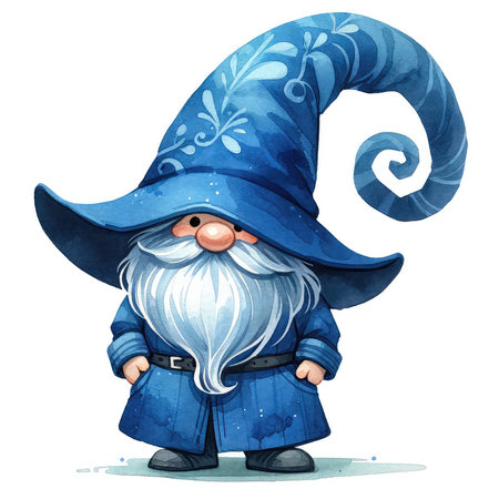 Illustration of a cute gnome in a blue hat with a white beard.の素材