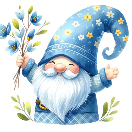 Cute cartoon gnome with blue flowers. Watercolor illustration.の素材