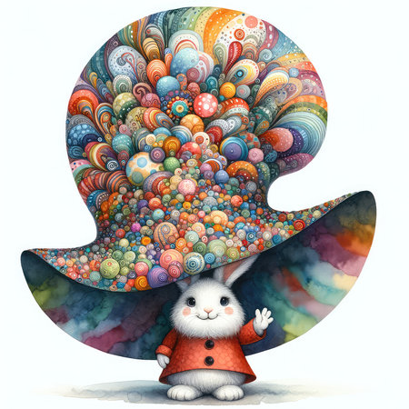 cartoon happy rabbit in hat - isolated on white - illustration for childrenの素材