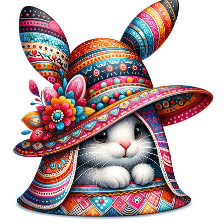 Cute rabbit in sombrero with flowers. Vector illustration.の素材