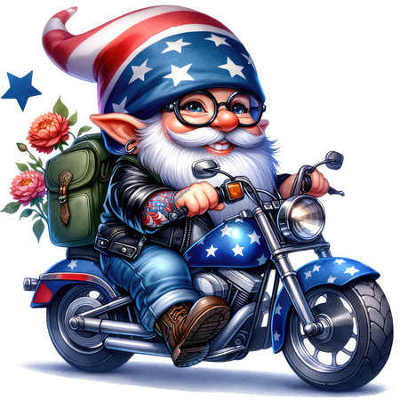 Cartoon Santa Claus on a motorcycle with a backpack and flowers.の素材