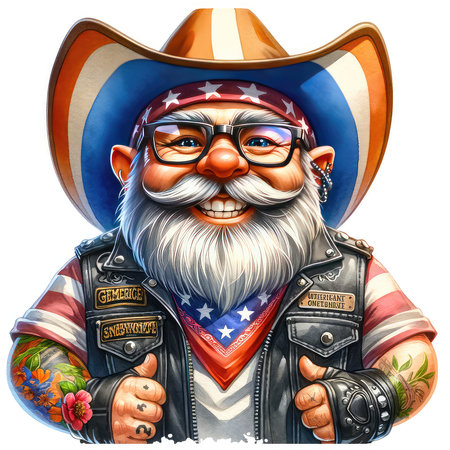 Cartoon cowboy with beard and mustache in a cowboy hat and leather jacket.の素材