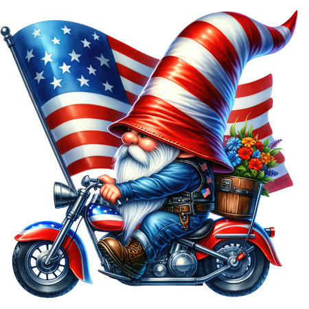 An image of a Santa Claus riding a motorcycle with a big American flag.の素材